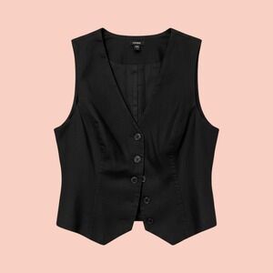 Express Black Linen Vest Womens Small V-Neck Button Front Tailored NEW